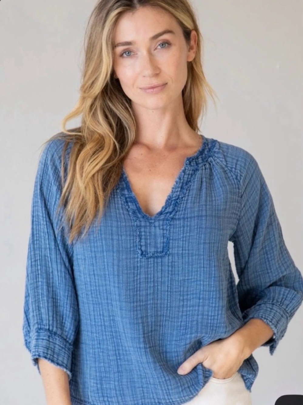 NATURAL LIFE Robyn Crinkled Gauze V-Neck Top Cotton Blue Washed Relaxed Boho XXL